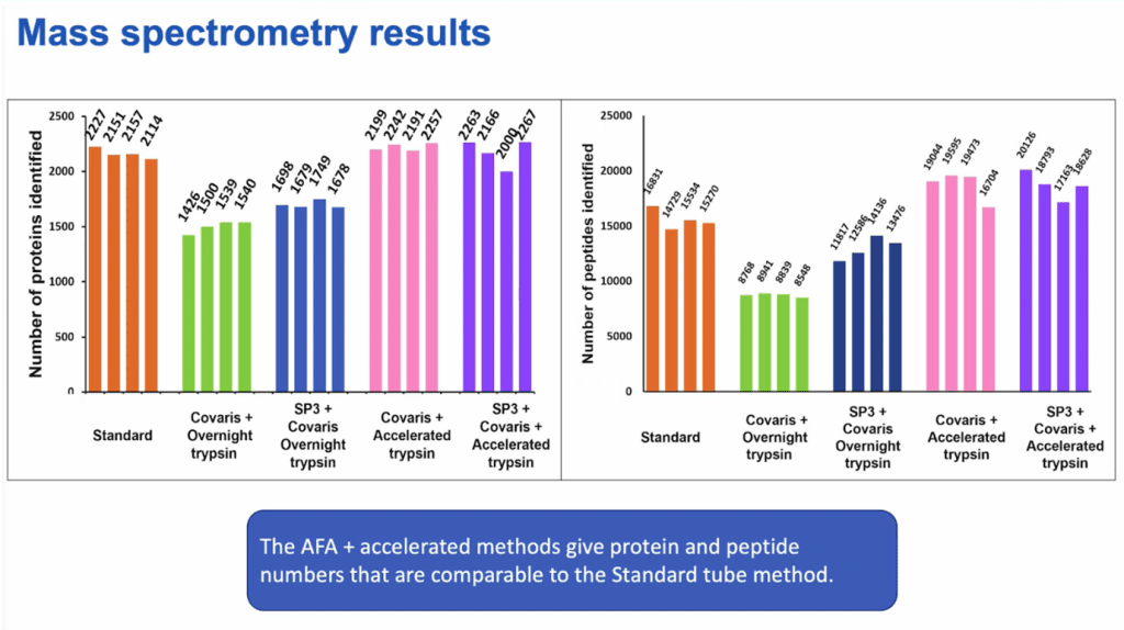 Graph comparing protein and peptide numbers obtained from AFA-accelerated methods and the standard method, indicating similar results, with no significant benefits from using SP3.